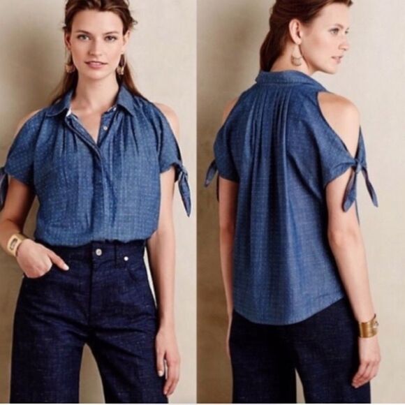 🚨 Anthro Holding Horses Cold Shoulder Chambray Dot - Picture 1 of 11